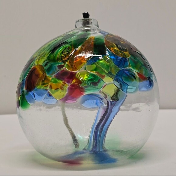Hand Blown Art Glass Multicolor Ball Oil Lamp Family Tree - Picture 2 of 9